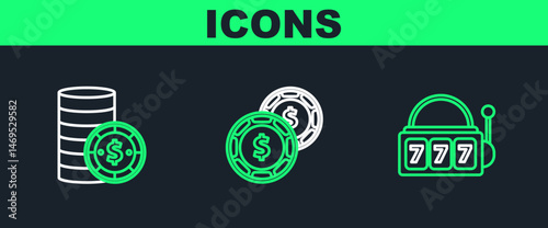 Set line Slot machine with lucky sevens jackpot, Casino chip dollar and icon. Vector