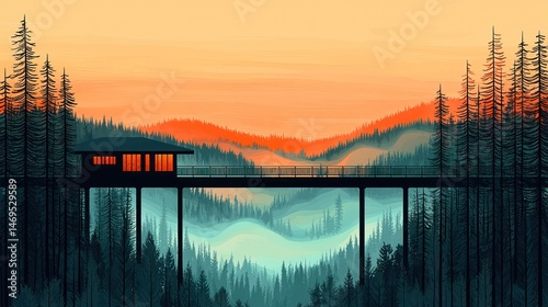 Tranquil mountain vista with elevated cabin