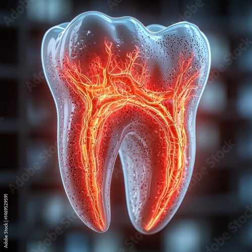 3D rendered tooth with highlighted nerve structure