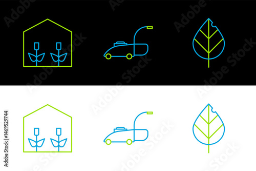 Set line Leaf, Home greenhouse and plants and Lawn mower icon. Vector