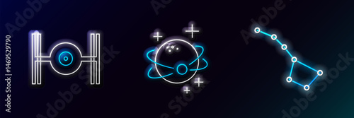 Set line Great Bear constellation, Cosmic ship and Planet icon. Glowing neon. Vector