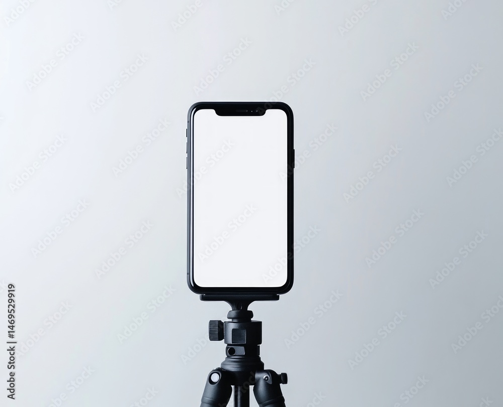 Black Smartphone On Tripod With Blank Screen Against Light Gray Background Black Smartphone On Tripod With Blank Screen Against Light Gray Background