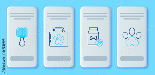Set line Pet first aid kit, Bag of food for pet, Hair brush dog and cat and Paw print icon. Vector