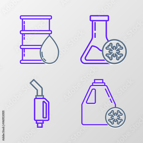 Set line Antifreeze canister, Gasoline pump nozzle, test tube and Barrel oil icon. Vector