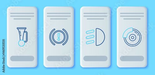 Set line Brake system warning, High beam, Signal horn on vehicle and Car brake disk with caliper icon. Vector