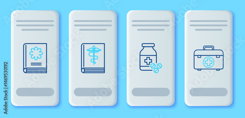 Set line Medical book, Medicine bottle and pills, and First aid kit icon. Vector