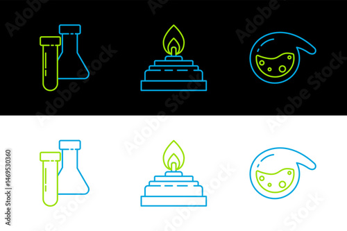 Set line Test tube and flask chemical, and Alcohol or spirit burner icon. Vector