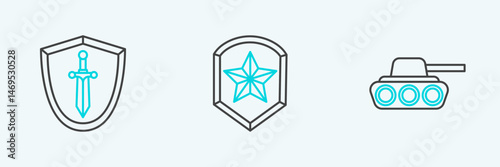 Set line Military tank, Medieval shield with sword and Police badge icon. Vector