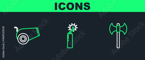 Set line Medieval axe, Cannon and Dynamite bomb stick clock icon. Vector