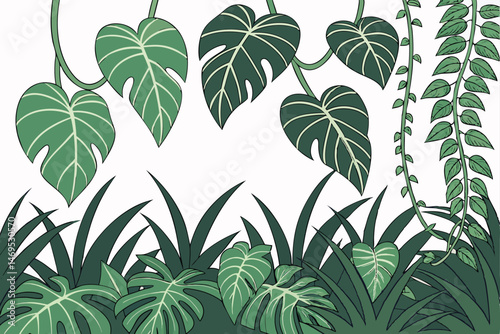 50 lush green leafy vines, cascading tropical foliage, dense overgrowth, vibrant verdant tendrils, luxuriant verdant foliage, nature's exuberant growth, verdant organic botanical tapestry, verdant tra