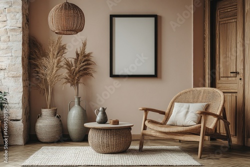 Interior design featuring a cozy living room with neutral tones.