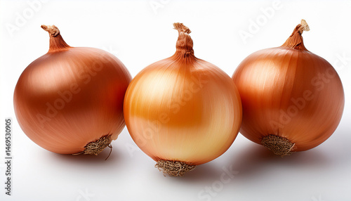 three fresh brown onions with smooth shiny skin the onions are whole and unpeeled showing their natural texture and color isolated on white background