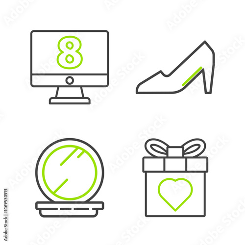 Set line Gift box and heart, Makeup powder with mirror, Woman shoe and 8 March on monitore icon. Vector