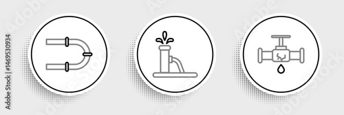 Set line Broken pipe with leaking water, Industry and Oil pump or pump jack icon. Vector