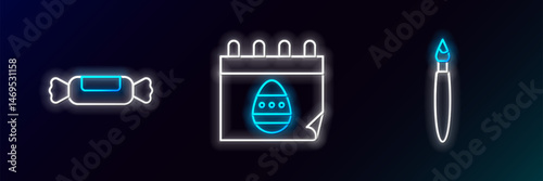 Set line Paint brush, Candy and Calendar with Easter egg icon. Glowing neon. Vector