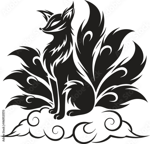 Stylized Fox with Nine Flowing Tails Illustration