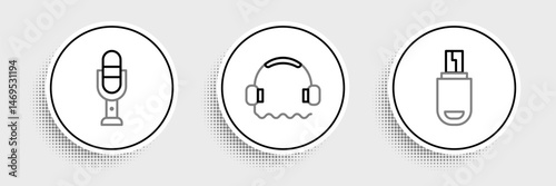 Set line USB flash drive, Microphone and Headphones icon. Vector photo
