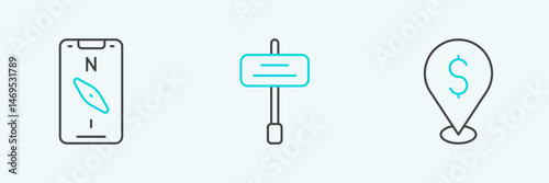 Set line Cash location, Compass mobile and Road traffic sign icon. Vector