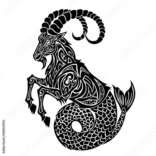 Tribal Capricorn Zodiac Symbol Art with Goat and Fish Tail Design for Astrology Blogs, Spiritual Websites, Art Projects, and Decorative Prints