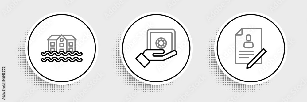 Set line Document with shield, House flood and Safe in hand icon. Vector Set line Document with shield, House flood and Safe in hand icon. Vector
