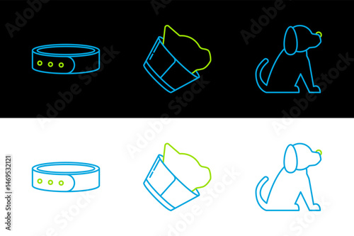Set line Dog, Collar with name tag and Veterinary clinic symbol icon. Vector