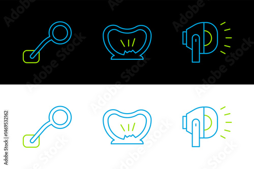 Set line Bicycle head lamp, rear view mirror and punctured tire icon. Vector