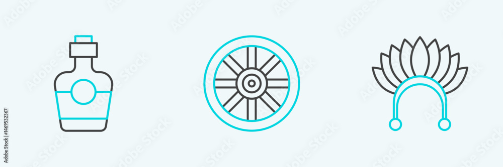 Set line Indian headdress with feathers, Tequila bottle and Old wooden wheel icon. Vector Set line Indian headdress with feathers, Tequila bottle and Old wooden wheel icon. Vector