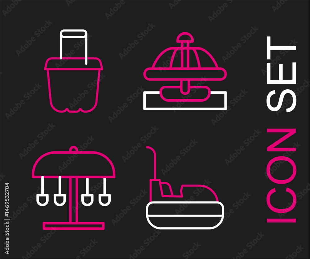 Set line Bumper car, Attraction carousel, and Sand in bucket icon. Vector Set line Bumper car, Attraction carousel, and Sand in bucket icon. Vector