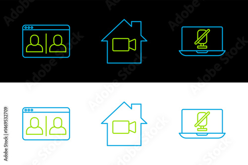 Set line Mute microphone on laptop, Video chat conference and camera Off in home icon. Vector