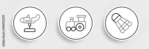Set line Badminton shuttlecock, Swing plane and Toy train icon. Vector