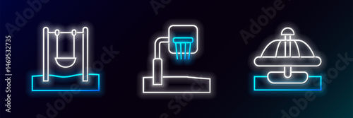 Set line Attraction carousel, Swing and Basketball backboard icon. Glowing neon. Vector