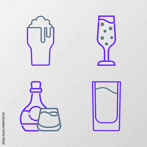 Set line Shot glass, Whiskey bottle and, Glass of champagne and beer icon. Vector