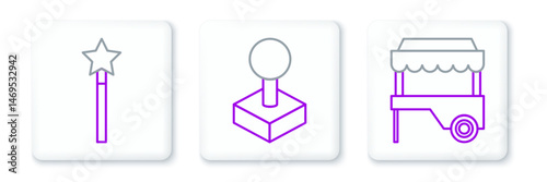 Set line Fast street food cart with awning, Magic wand and Joystick for arcade machine icon. Vector