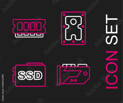 Set line Video graphic card, SSD, Hard disk drive HDD and RAM, random access memory icon. Vector