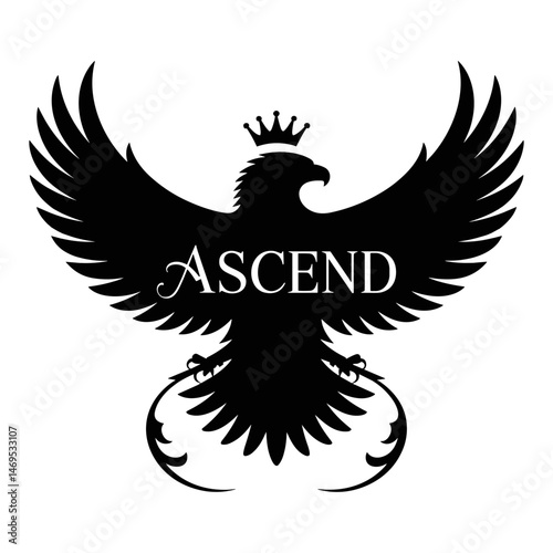 Eagle with Crown Symbol: This powerful image features a stylized black silhouette of an eagle with wings spread, crowned with a symbol of leadership. The word "ASCEND" sits prominently below.