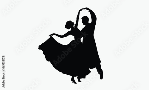 elegant dance silhouette, ballroom couple pose, graceful dance motion, flowing dress movement, romantic dancing pair, stylish partner spin, formal dance figure, classic ballroom stance, poised dancing
