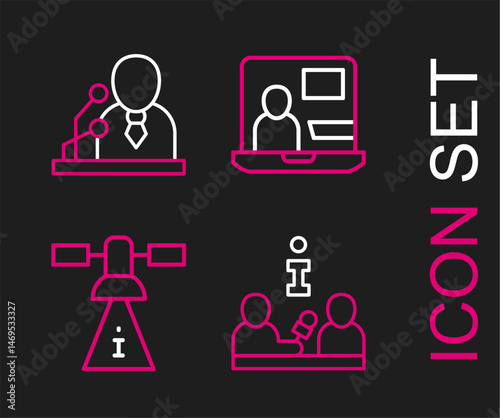 Set line Interview, Satellite, World news and Breaking icon. Vector