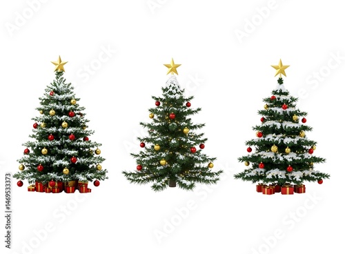 Three Christmas Trees Decorated with Ornaments and Gifts Isolated on White Background