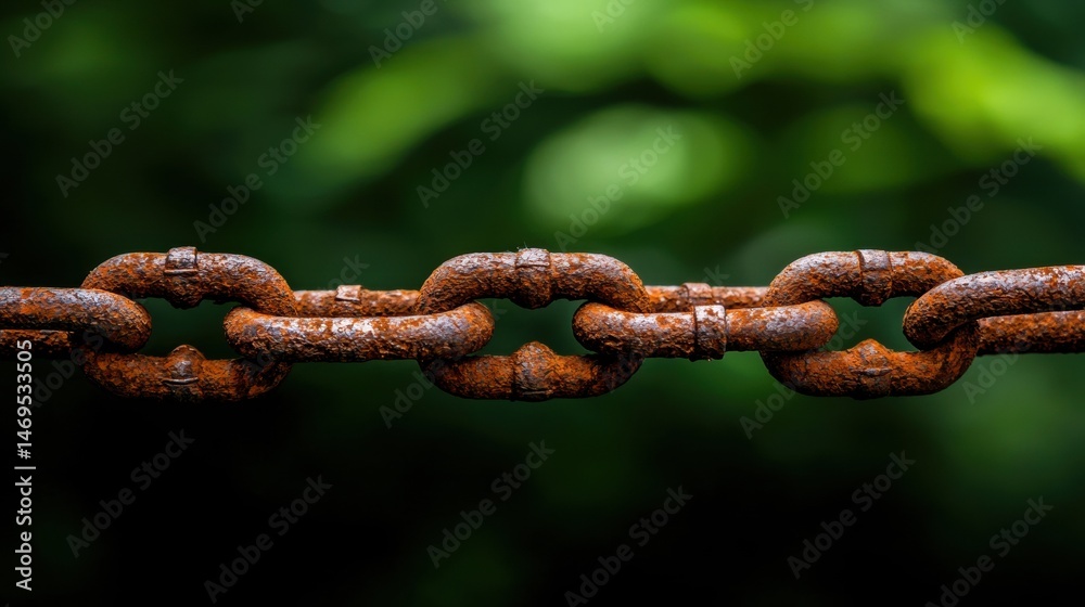 A rusty chain in the foreground with a blurred green background. A rusty chain in the foreground with a blurred green background.
