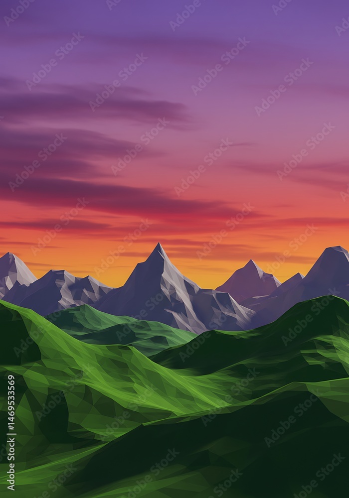 Fototapeta premium Sunset Serenity: Low-Poly Mountain Dreamscape AI Generated