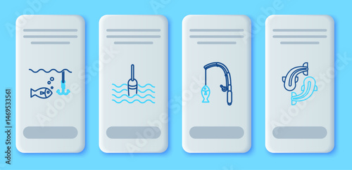 Set line Fishing float in water, rod and fish, hook under with and icon. Vector