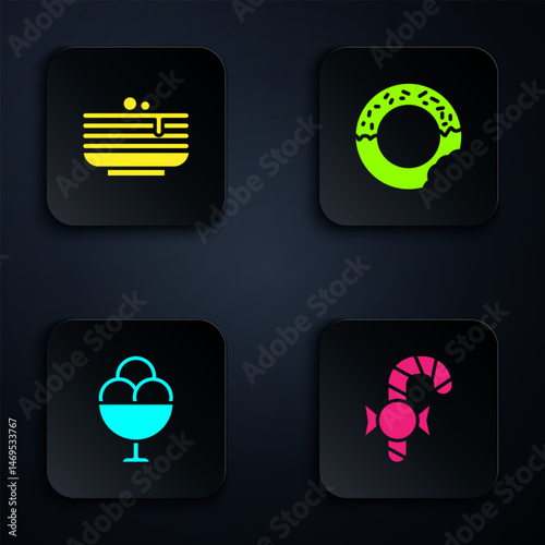 Set Christmas candy cane, Stack of pancakes, Ice cream in bowl and Donut. Black square button. Vector