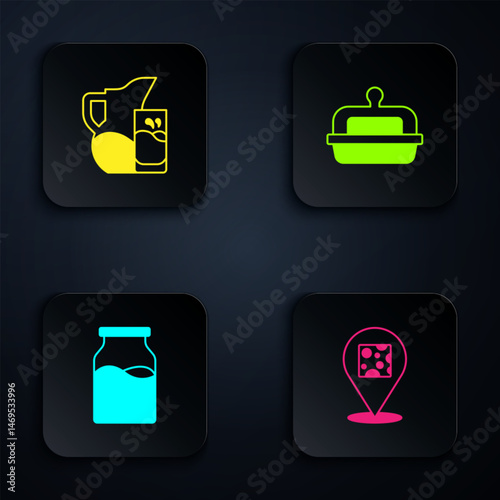 Set Cheese, Milk jug or pitcher and glass, Bottle with milk and Butter in butter dish. Black square button. Vector