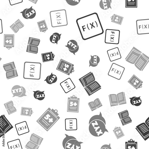 Set Function mathematical symbol, XYZ Coordinate system, Open book and Test or exam sheet on seamless pattern. Vector
