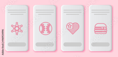 Set line Hexagram sheriff, Baseball ball, USA Independence day and Burger. White rectangle button. Vector