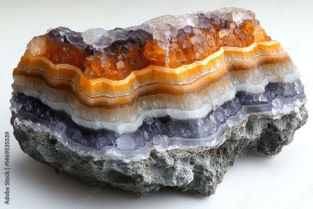 Fototapeta premium Striated mineral specimen. Layered agate with quartz crystals