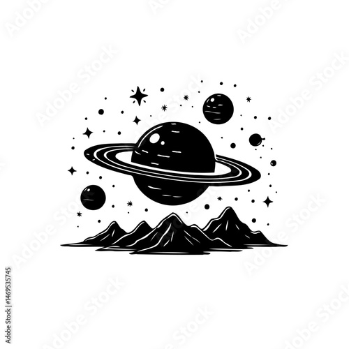 Stylized monochromatic illustration of a ringed planet over abstract mountains