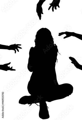 Silhouette of Seated Woman Surrounded by Reaching Hands. Fear, anxiety, threat concept.