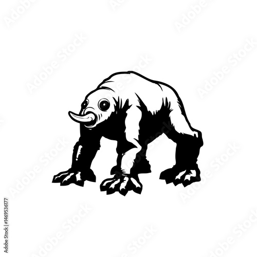Monochrome depiction of a beastly creature with simplified anatomical features