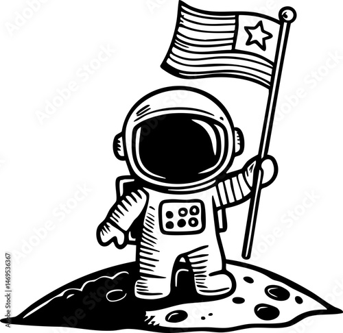 Astronaut planting flag on lunar surface moon illustration space environment close-up view exploration concept